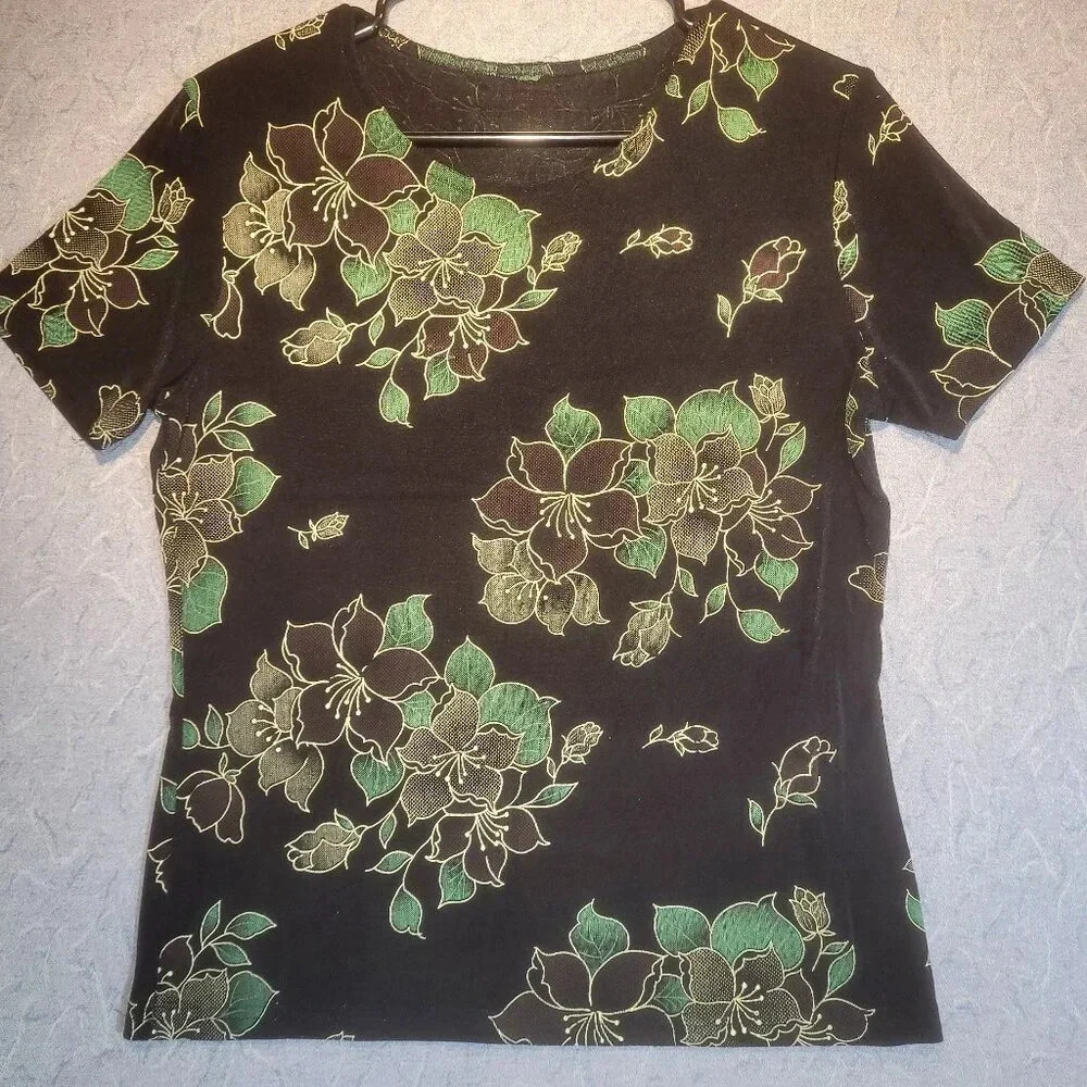 Women's Black & Green Short Sleeve Stretch Blouse NO TAG PLS CK MEASUREMENTS